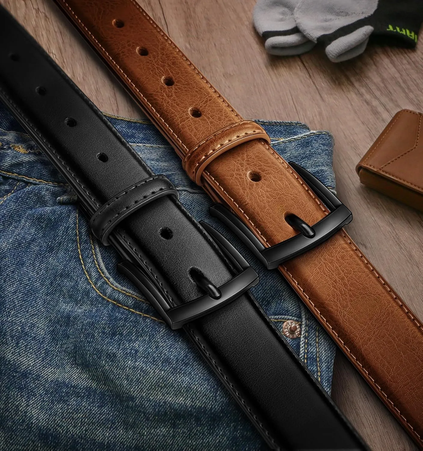 BULLIANT Men Belt 2Pack-Leather Belt 7Holes Comfortable For Men's Dress Casual Jeans 1 3/8"