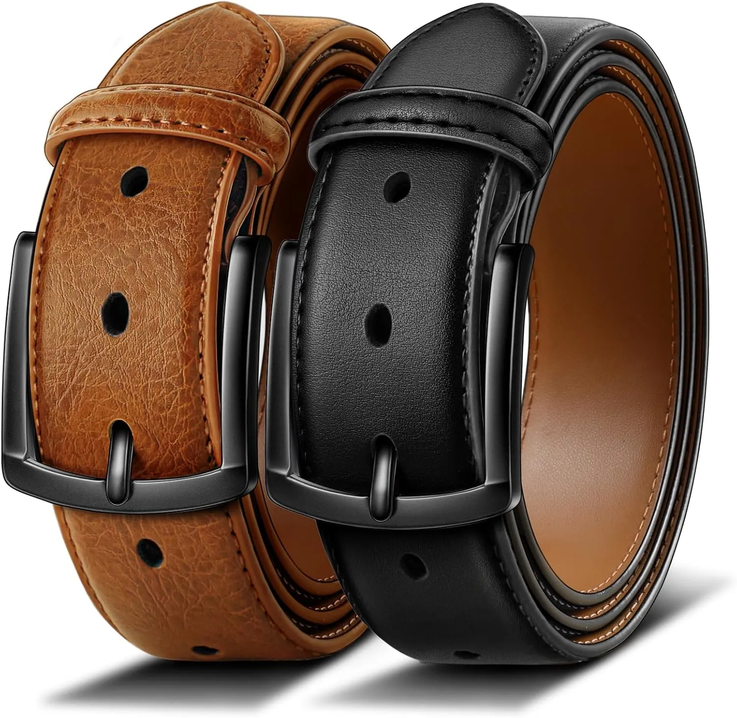 BULLIANT Men Belt 2Pack-Leather Belt 7Holes Comfortable For Men's Dress Casual Jeans 1 3/8"