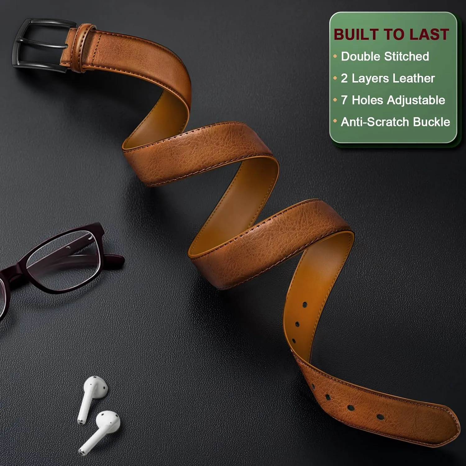 BULLIANT Men Belt 2Pack-Leather Belt 7Holes Comfortable For Men's Dress Casual Jeans 1 3/8"