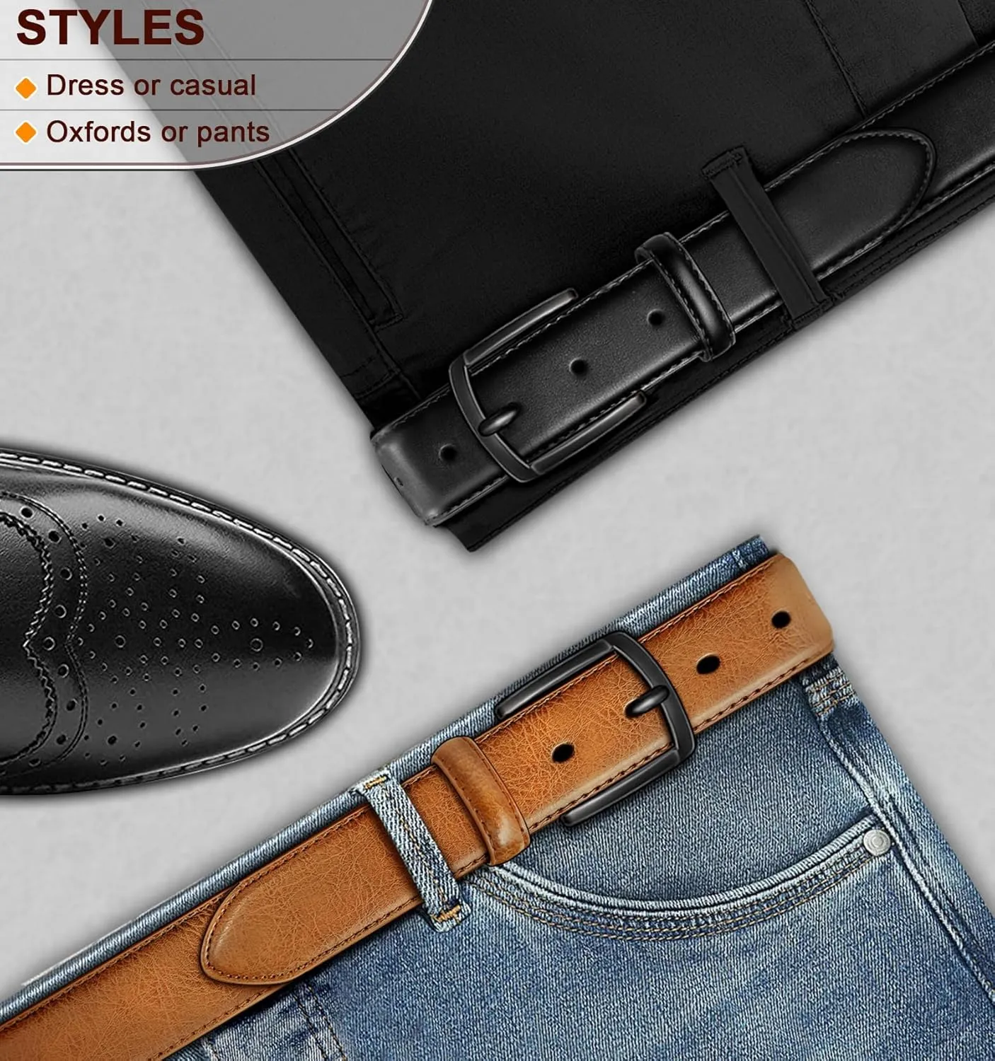 BULLIANT Men Belt 2Pack-Leather Belt 7Holes Comfortable For Men's Dress Casual Jeans 1 3/8"