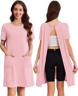 Deyeek Hospital Gowns for Women Open Back Tear Away Snap Nursing Dress Short Sleeve Soft Adaptive Clothing With Pockets