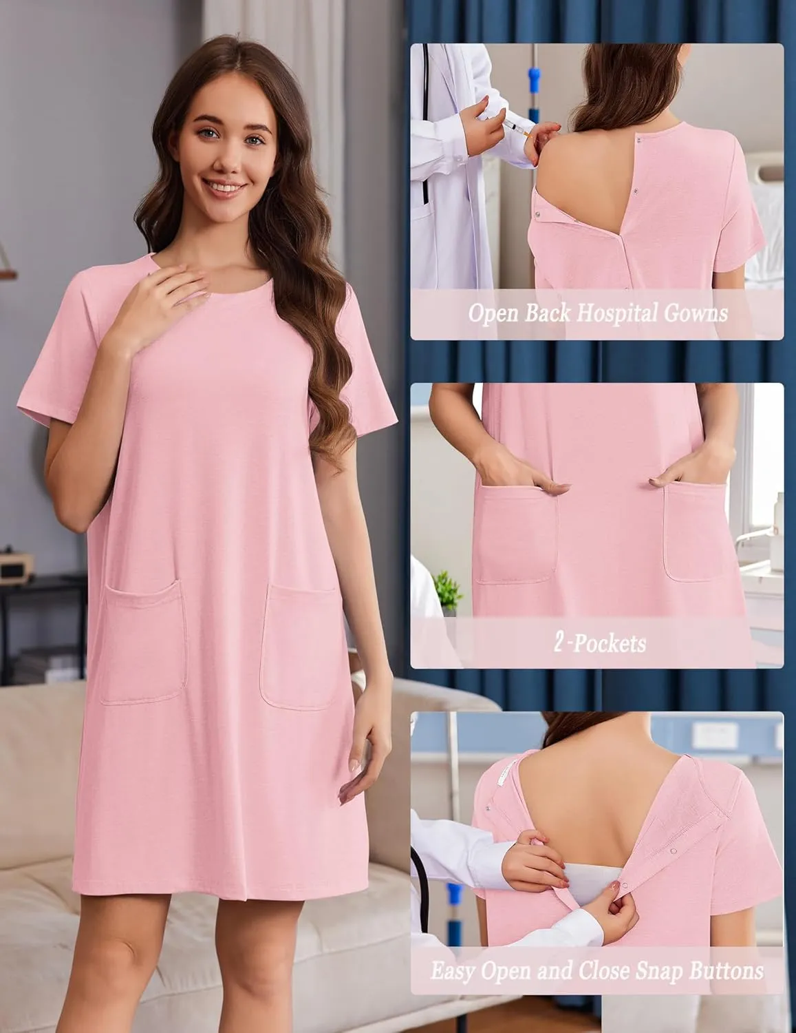 Deyeek Hospital Gowns for Women Open Back Tear Away Snap Nursing Dress Short Sleeve Soft Adaptive Clothing With Pockets