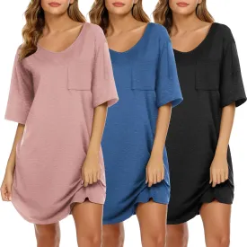 Ekouaer Nightgowns for Women 3 Pack Sleepshirt Short Sleeve Nightshirt V Neck Sleepdress Oversized Sleepwear
