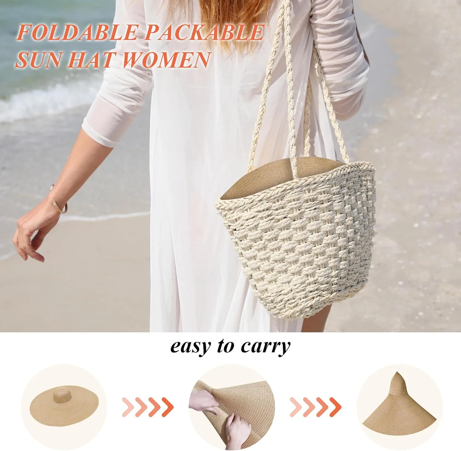Oversized Sun Straw Hat for Women, UPF 50  Floppy Wide Brim Summer Hat, Foldable Roll Up Travel Hat Beach Hats for Women
