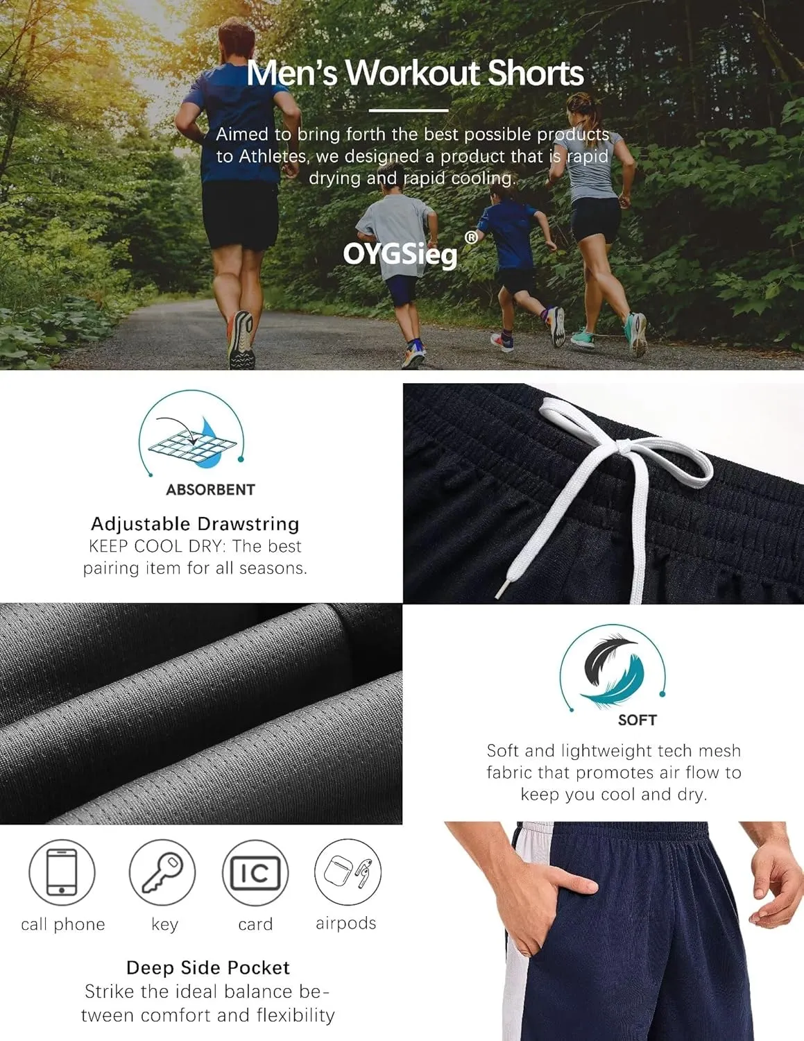 OYGSieg 6 Pack Mens Mesh Athletic Basketball Shorts Gym Shorts with Pockets, Quick Dry Workout Running Shorts Casual for Men