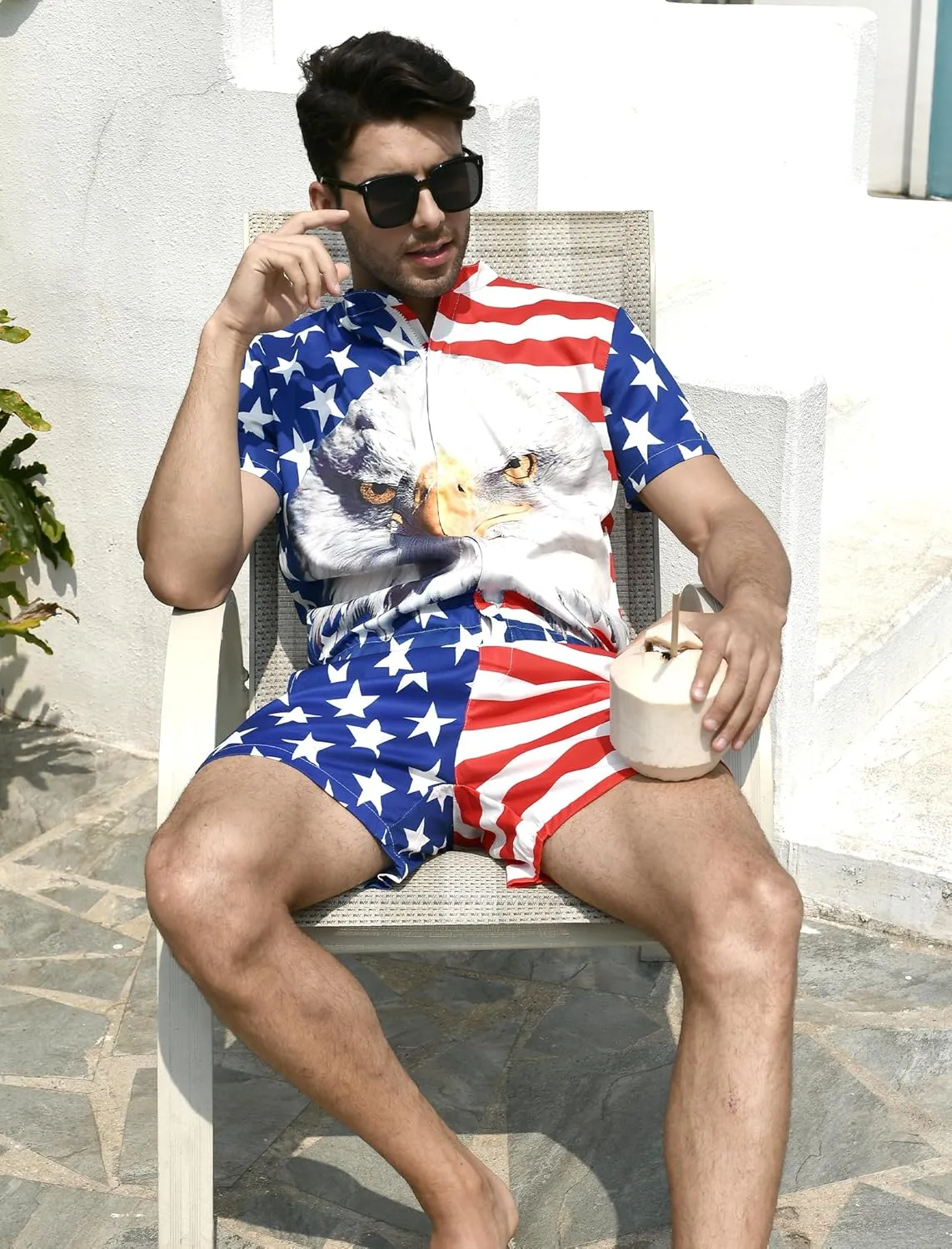 RAISEVERN 4th of July Outfits for Mens Romper USA American Flag Overalls Zipper Bro Shorts One Piece Jumpsuits with Pockets