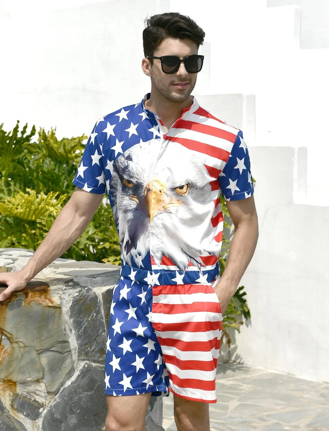 RAISEVERN 4th of July Outfits for Mens Romper USA American Flag Overalls Zipper Bro Shorts One Piece Jumpsuits with Pockets