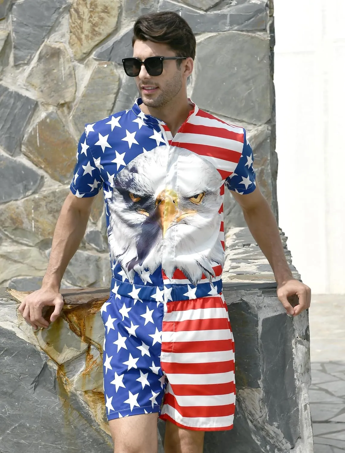 RAISEVERN 4th of July Outfits for Mens Romper USA American Flag Overalls Zipper Bro Shorts One Piece Jumpsuits with Pockets