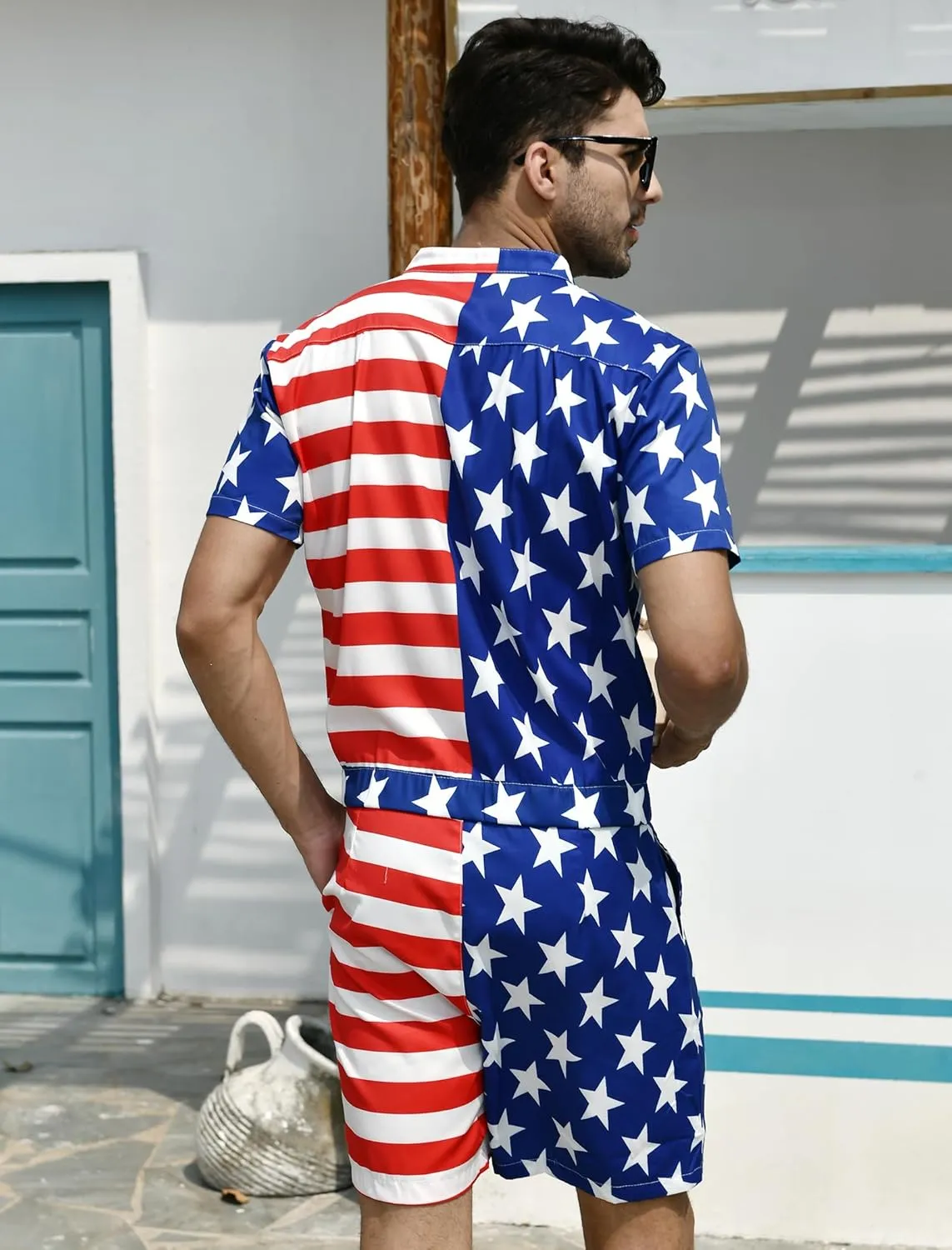 RAISEVERN 4th of July Outfits for Mens Romper USA American Flag Overalls Zipper Bro Shorts One Piece Jumpsuits with Pockets