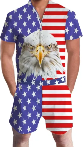 RAISEVERN 4th of July Outfits for Mens Romper USA American Flag Overalls Zipper Bro Shorts One Piece Jumpsuits with Pockets