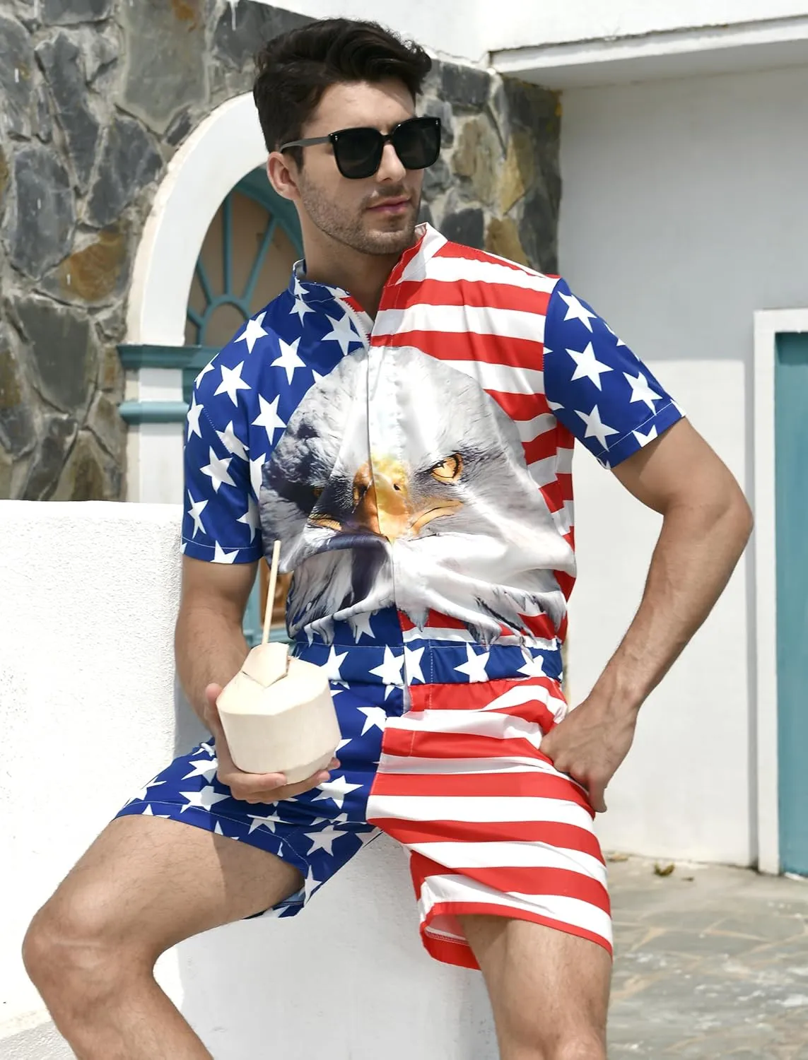 RAISEVERN 4th of July Outfits for Mens Romper USA American Flag Overalls Zipper Bro Shorts One Piece Jumpsuits with Pockets